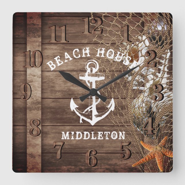 Nautisk Vintage Wood Fyrkantig Klocka (Framsida)