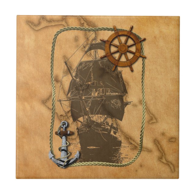 Nautisk vintagefrakt och karta kakelplatta (Framsidan)