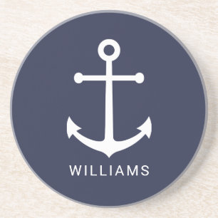 Nautisk vit ankare och eget namn på flottblått underlägg