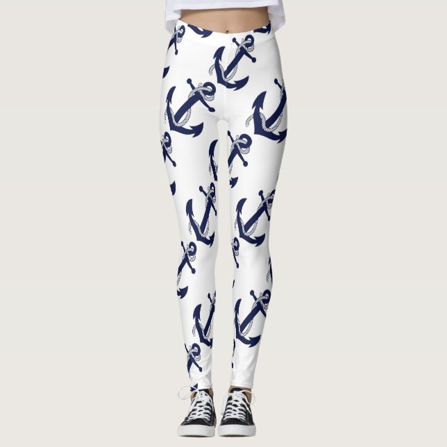 Nautisk vit & blått ankrar leggings (Framsida)