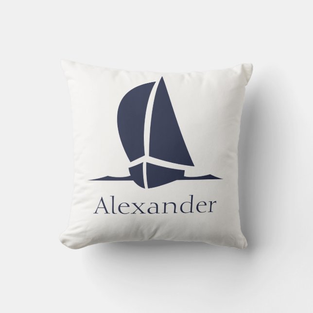 Nautisk vit segelbåt Navy Blue Coastal Monogram Kudde (Framsida)