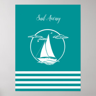 Nautisk vit segelbåt silhouette/Sail away/aqua Poster