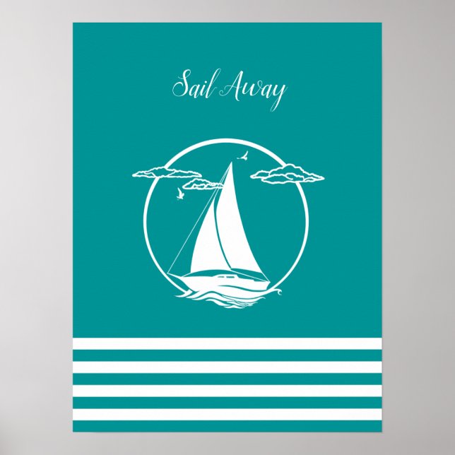 Nautisk vit segelbåt silhouette/Sail away/aqua Poster (Framsidan)