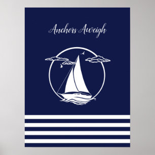 Nautisk vit segelbåtsilhuett/ankare i havet poster