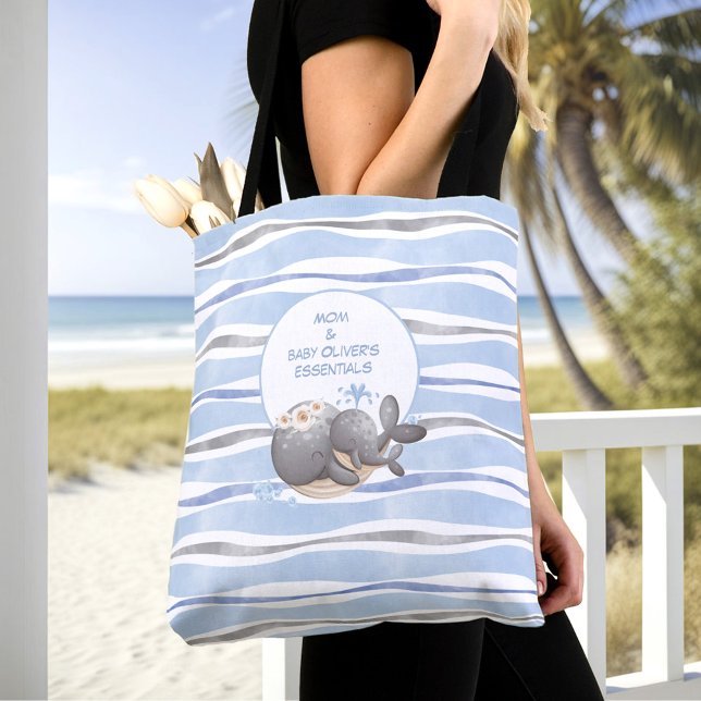 Nautisk Whale Blue Summer Namn Baby Essentials Tygkasse (Nautical Whale Blue Summer Name Baby Essentials Tote Bag)