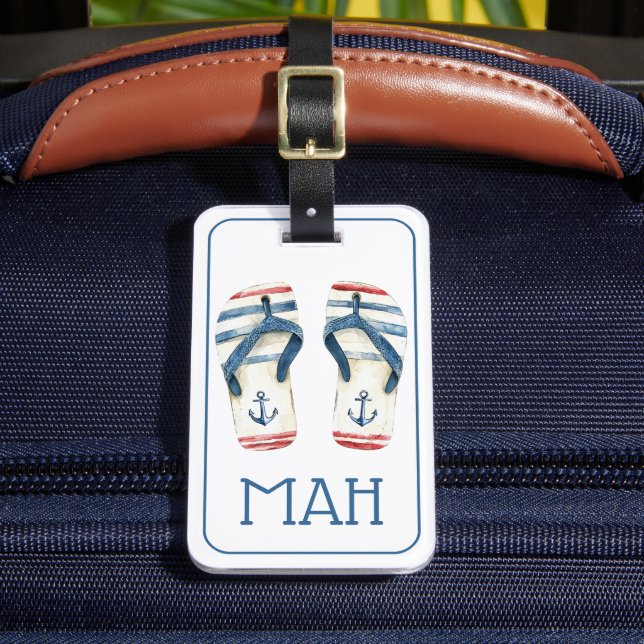 Nautiska Ankare och Randiga Flip Flops Monogram Bagagebricka (Framsida Insitu 2)