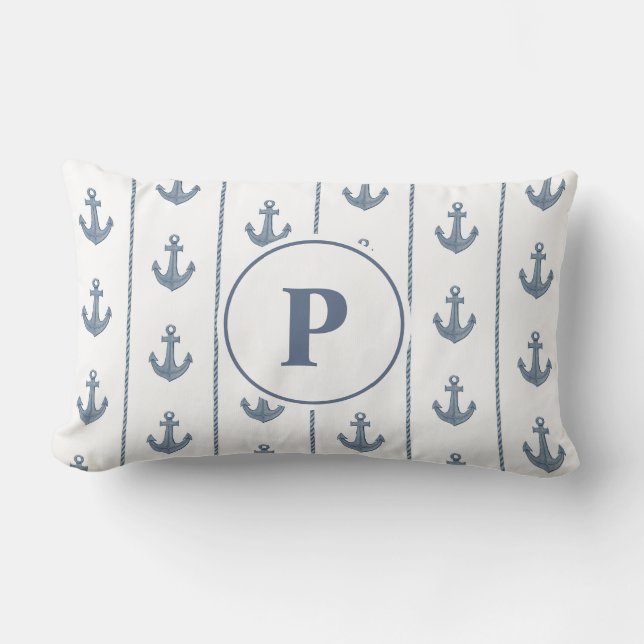 Nautiska ankare och rep-ränder | Monogram Lumbarkudde (Framsida)