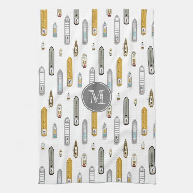 Nautiska båtar fraktaser på floden White w monogra Kökshandduk (Vertikal)