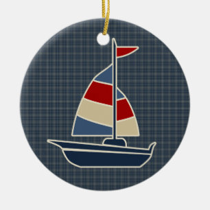 Nautiska blått, röd kräm- segelbåtanpassningsb julgransprydnad keramik