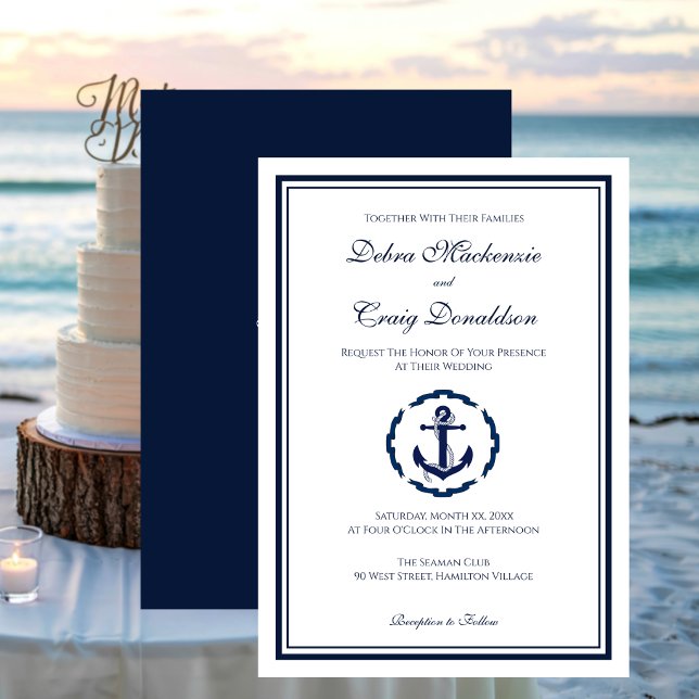 Nautiska flottans och vita ankaret bröllop inbjudningar (Nautical Navy and White Anchor Wedding Invitation)