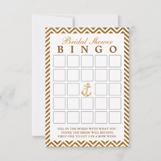 Nautiska Guld Glitter Sicksack Bröllop Bingo Kort (Framsida)