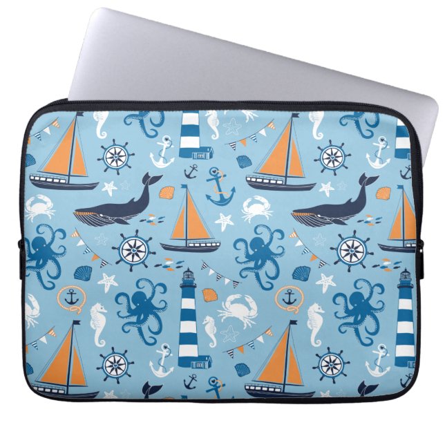Nautiska havblått och orange laptop sleeve (Framsidan)