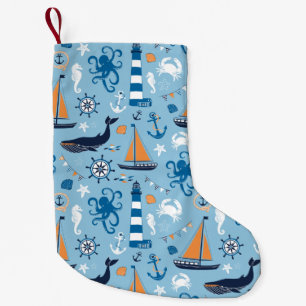 Nautiska havblått och orange liten julstrumpa