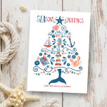 Nautiska havet och Hälsning Beach Julgran Julkort<br><div class="desc">Beach-inspirerat Julhälsningar kort har en mönster av tropiska fiskar,  fyr,  valar,  svan,  årskal,  stjärnfisk,  krabba,  sanddollar,  segelbåt,  sjöfågel och kaptenens hjul i form av Julgran med "SEAsons Greetings" i ett coola nautiskt typsnitt. Originalteckningen KL Lagrar.</div>