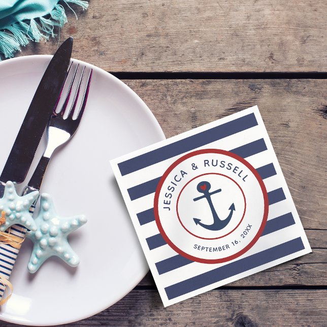 Nautiska Navy Blå Ränder Röda Krabba Papper Pappersservett (Nautical Navy Blue Stripes Red Crab Paper Napkins)