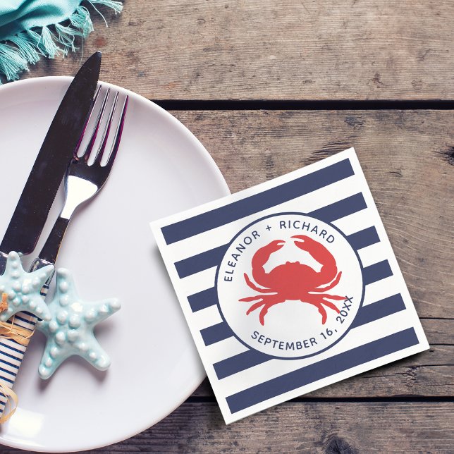 Nautiska Navyblå Ränder Röda Krabba Papper Pappersservett (Nautical Navy Blue Stripes Red Crab Paper Napkins)
