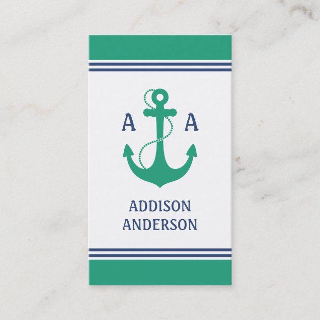Nautiska randar med grönt ankrar monogramen visitkort (Framsida)