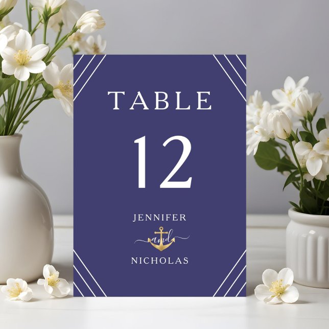 Nautiska ränder Guld Ankare Marinblå Bröllop Bordsnummer (Nautical Stripes Gold Anchor Navy Blue Wedding Table Number)