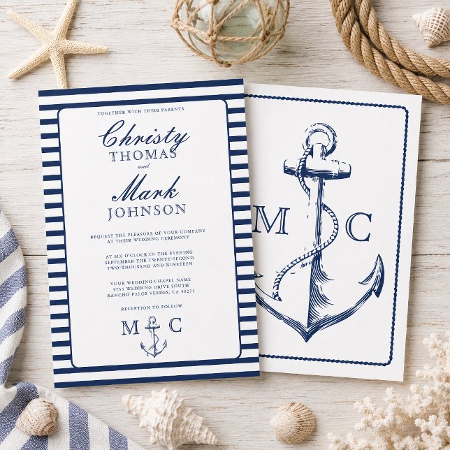 Nautiska Ränder Navy Ankare Bröllop Inbjudningar (This wedding nautical themed invitation is inspired by classic anchors and stripes.
)
