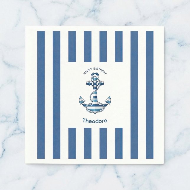 Nautiska Randiga Ankare Födelsedag Pappersservett (Classic look for your guests)
