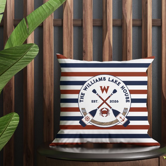 Nautiska randiga åror krabba monogram sjöhus kudde (Skapare uppladdad)