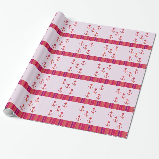 Nautiska rosa ankare och ränder presentpapper (Utrullad)