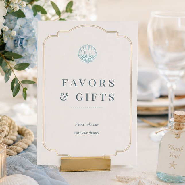 Nautiska skalsnäckshjärtliga bordsskyltar för bröl (Nautical Seashell Wedding Tabletop Favor Signs)