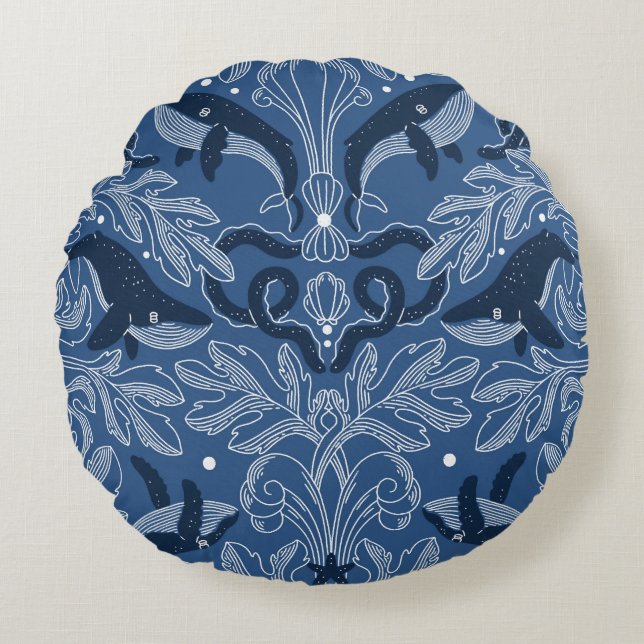 Nautiska valar, damm struktur mönster. rund kudde (Framsidan)