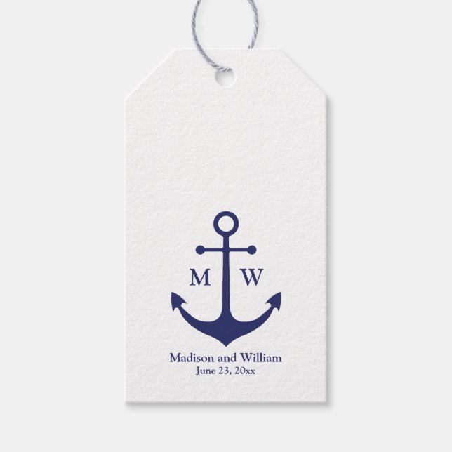 Nautiskt ankare marinblå vit anpassad monogram  presentetikett (Framsidan)
