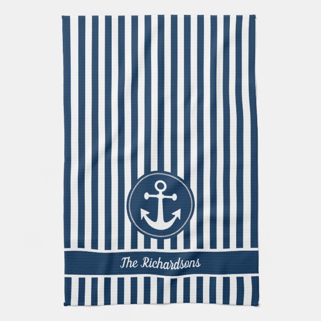 Nautiskt ankare med rep på marinblå ränder kökshandduk (Vertikal)