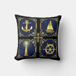 Nautiskt ankare/segelbåt/hjul/fyr guld/blu kudde