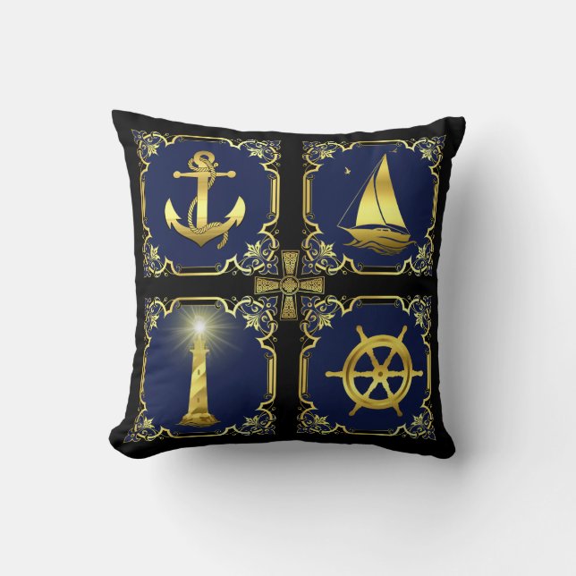 Nautiskt ankare/segelbåt/hjul/fyr guld/blu kudde (Framsida)