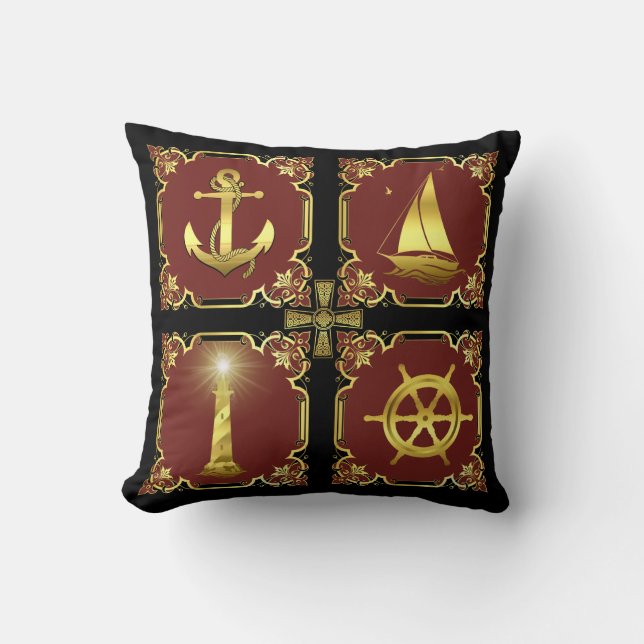 Nautiskt ankare/segelbåt/hjul/fyr guld/röd kudde (Framsida)