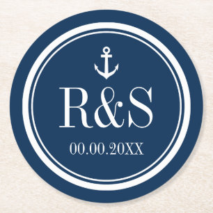 Nautiskt ankarfartyg underlägg marinblått monogram papper rund