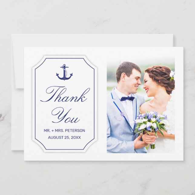 Nautiskt ankarvita fotkort för Bröllop Tack (Framsida)