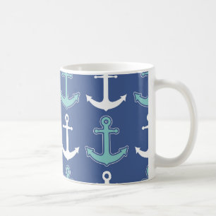 Nautiskt ankra det marinblåa mönster och krickan kaffemugg