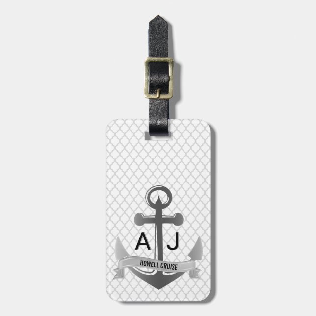 Nautiskt ankra kryssningsemesterQuatrefoil silver Bagagebricka (Vertikal Framsida)