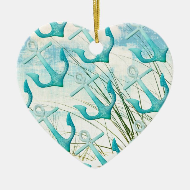 Nautiskt ankrar kust- tema för strandhavsjösida julgransprydnad keramik (Framsidan)