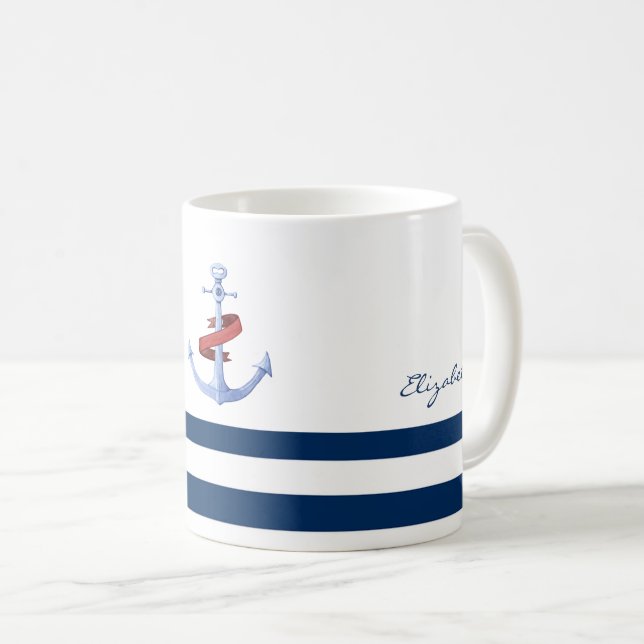 Nautiskt båtnamn, blå ankar marinblå randig kaffemugg (Framsida höger)