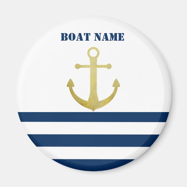 Nautiskt båtnamn, Guldankare Marinblå ränder Magnet (Framsidan)