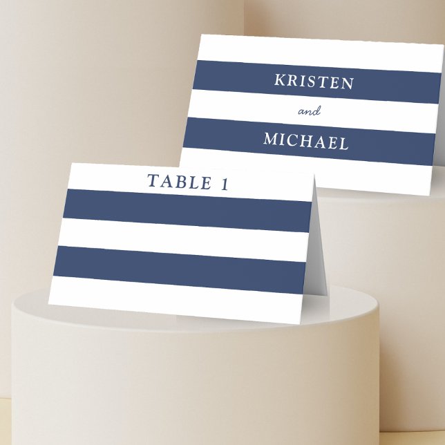 Nautiskt blå och vit randig bröllop placeringskort (Nautical Blue & White Striped Wedding Place Card)