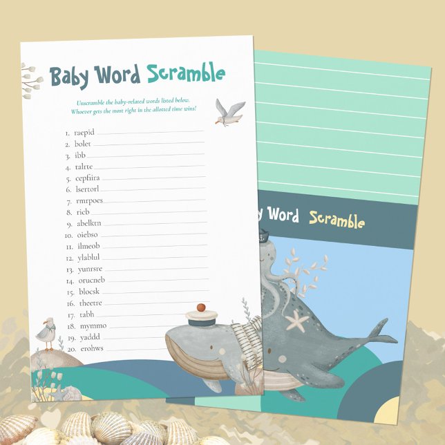 Nautiskt Blandat Ord för Grönt Bebisbad - Bris-spe (Nautical Word Scramble Green Baby Shower Game ©Susanne Sachers - Sunny Mind Design 🌞)