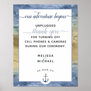 Nautiskt blått & Guld ej ansluten Bröllop-signal Poster