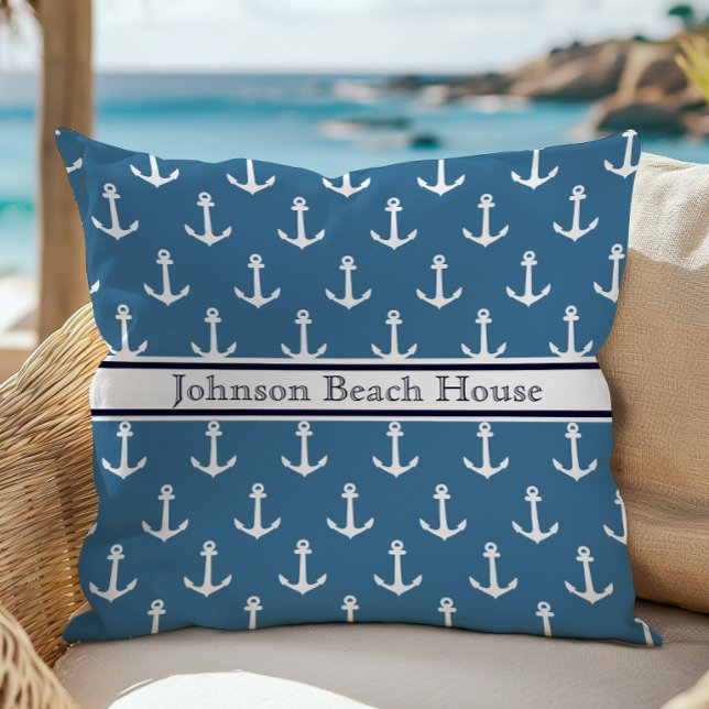 Nautiskt Blått Och Vitt Ankar Mönster Namn Kudde (Skapare uppladdad)