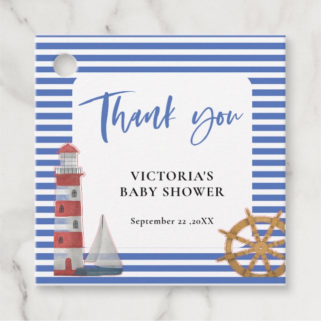 Nautiskt blått tack för babyskor gåvor etiketter (Framsida)