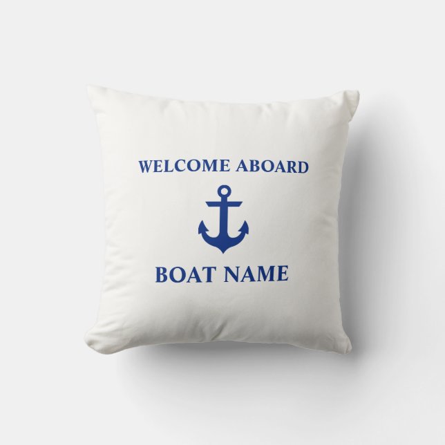 Nautiskt blått välkomstbord vid Boat Namn White Kudde (Framsida)