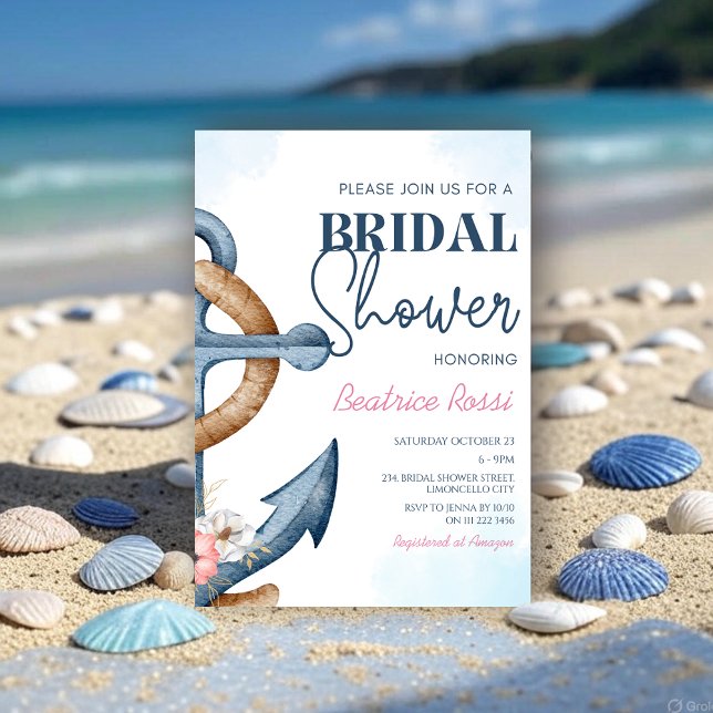 Nautiskt blommigt ankarband bröllopsdusch inbjudningar (Nautical Floral Anchor Stripe Bridal Shower Invitation)