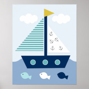 Nautiskt Blue Teal Grått Sailboat Nursery Art Skri Poster