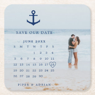 Nautiskt bröllopsfoto kalender Spara datumet Underlägg Papper Kvadrat