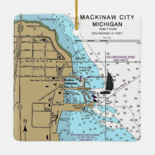 Nautiskt diagram för Mackinaw City MI Julgransprydnad Keramik